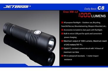 Image of Jetbeam C8 Cree XM-L2 Waterproof LED Flashlight,Black,1000 Lumens JETBEAM-C8-XML2