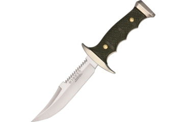 Image of Joker Knives Fixed Blade Knives, 8.13in Overall, 4.5in Satin Sawback SS Clip Point Blade, Green Checkered ABS Handle, SS Guard And Pommel, Camo Nylon Sheath, JKRCF90