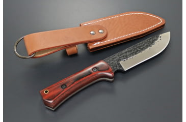 Image of Kanetsune Enyou Tou Fixed Blade Knife, 10.5in Overall, 5.5in Hammer Mark Acid Etched AUS-8 Stainless Steel Blade, Brown Wood Handle, Brown Leather Belt Sheath, KB-166