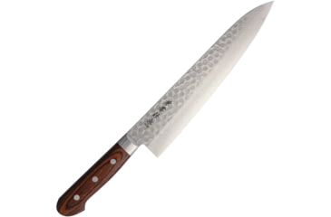 Image of Kanetsune Gyutou Chefs Kitchen Knives, 14.75in Overall, 9.75in Hammered Finish Vg-10 Damascus Steel Blade, Brown Laminated Wood Handle, SS Guard, Full Tang, Brown, KC-901