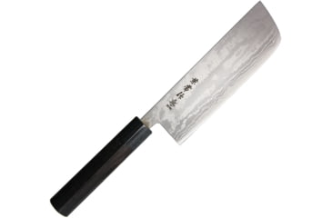 Image of Kanetsune Nakiri Kitchen Knives, 12in Overall, 7in Blade, Red Sandalwood Handle, Blade Features Blue Steel #2 Core With 11 Layer Damascus, Black Plywood Bolster, Red, KC-463