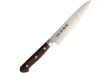Image of Kanetsune Petty Slicing Kitchen Knives, 9.75in Overall, 5.5in Hammered Finish Vg-10 Damascus Steel Blade, Brown Laminated Wood Handle, SS Guard, Full Tang, brown, KC-904