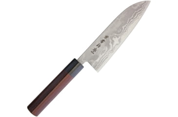 Image of Kanetsune Santoku Kitchen Knives, 12in Overall, 6.5in Blade, Red Sandalwood Handle, Blade Features Blue Steel #2 Core With 11 Layer Damascus, Black Plywood Bolster, Red, KC-462
