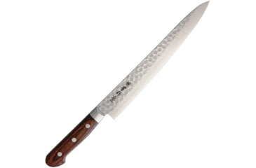 Image of Kanetsune Sujihiki Kitchen Knives, 14.5in Overall, 9.75in Hammered Finish Vg-10 Damascus Steel Blade, Brown Laminated Wood Handle, SS Guard, brown, KC-906