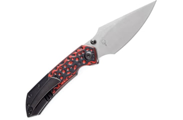 Image of Kansept Knives Fenrir Red Left Folding Knife, 4.5in Closed, 3.5in Stonewash CPM S35VN SS Blade, Black Stonewash Titanium Handle w/ Black/Red G10 Inlay, Left Handed Version, Black Nylon Pouch, K1034L2
