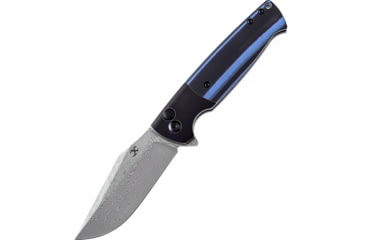 Image of Kansept Knives Skikari SBL Damascus Black/Blue Folding Knife, 4.38in Closed, 3.38in Damascus Steel Clip Point Blade, Black/Blue G10 Handle, Black Nylon Pouch, K2027D2