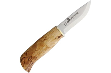 Image of Karesuando Saivo Fixed Blade Knife, 7.5in Overall, 3.25in SS Blade, Curly Birch Handle, Black Leather Belt Sheath, Boxed With Hanging Tab, 4047