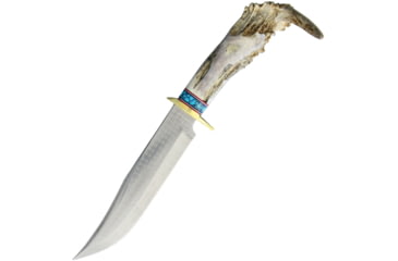 Image of Ken Richardson Knives 8in Bowie Knife, 14in Overall, 8in 1085Hc Steel Clip Point Blade, Shed Deer Or Elk Antler Handle, Brown Leather Sheath, KR1410T 8in BOWIE W/ TURQ
