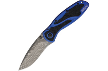 Image of Kershaw Blur Assisted Opening Folding Knife, 3.4in, Damascus, Drop Point, Blue Anodized Aluminum with Black Trac-Tec Handle, 1670NBDAM