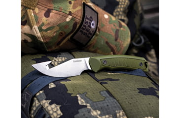 Image of Kershaw Deschutes Guthook Skinner Knife, 8.63in Overall, 4in Stonewash D2 Tool Steel Guthook Blade, Green Polypropylene Handle, Injection Molded Belt Sheath, 1883GH
