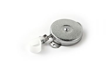 Image of Key-Bak 7LSC Industrial Retractable Reel w/ 24in Stainless Steel Chain, Steel Bracket Mount Back, Chrome Front, Plastic Hose Clamp/Tool Holder 0007-023