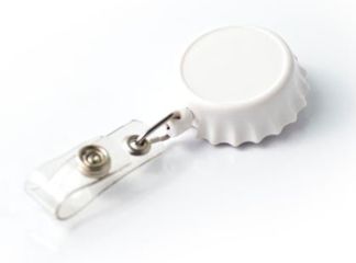 Image of Key-Bak Retract-A-Badge ID BOTTLE CAP Shaped 5-Pack Retractable Reel w/ 36in Cord, Belt Clip, Vinyl ID Strap, White 0308-742