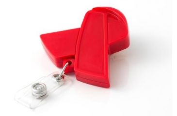 Image of Key-Bak Retract-A-Badge ID RED RIBBON Shaped 5-Pack Retractable Reel w/ 36in Cord, Swivel Bulldog Clip, Vinyl ID Strap, Red 0308-759