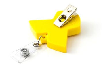 Image of Key-Bak Retract-A-Badge ID YELLOW RIBBON Shaped 5-Pack Retractable Reel w/ 36in Cord, Swivel Bulldog Clip, Vinyl ID Strap, Yellow 0308-757