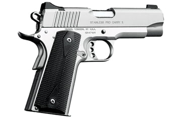 Image of Kimber Stainless-Pro-Carry-II Pistol, .45 ACP, 4 in barrel, silver anodized alloy frame, black synthetic grip, recoil operated semi-automatic, single-action, grip safety, manual thumb safety, fixed low profile, 7 round magazine, KMBRSTPROCYII2-FRRMPG