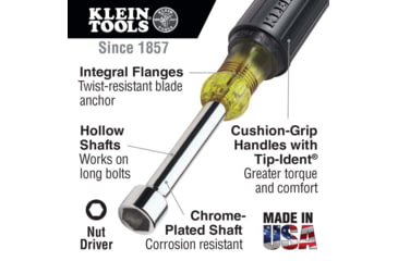 Image of Klein Tools 7/16In Hollow Nut Driver, 3In, Cushion-Grip, Black/Yellow, 630-7/16