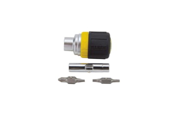 Image of Klein Tools 6in1 Multi-Bit Ratcheting Screwdriver, Stubby, Ph, Sl, Sq, Nut Bits, Black/Yellow, 32594