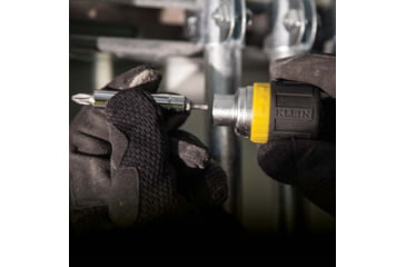 Image of Klein Tools 6in1 Multi-Bit Ratcheting Screwdriver, Stubby, Ph, Sl, Sq, Nut Bits, Black/Yellow, 32594
