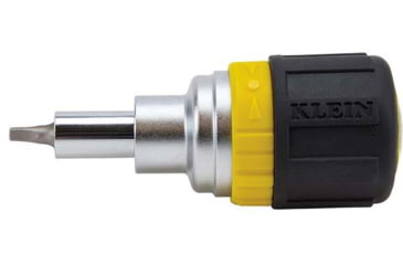 Image of Klein Tools 6in1 Multi-Bit Ratcheting Screwdriver, Stubby, Ph, Sl, Sq, Nut Bits, Black/Yellow, 32594