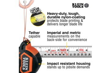 Image of Klein Tools 7.5 Meter Tape Measure, Magnetic Double-Hook, Orange/Black, 9375