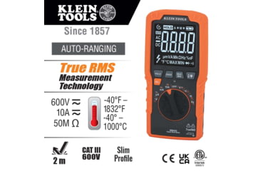 Image of Klein Tools TRMS Auto-Ranging Slim Digital Multimeter, 600V, Temp, Orange/Black, MM450
