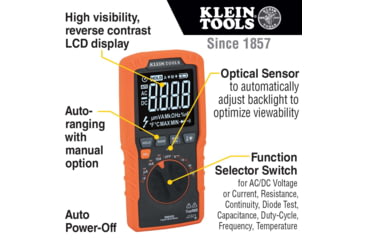 Image of Klein Tools TRMS Auto-Ranging Slim Digital Multimeter, 600V, Temp, Orange/Black, MM450