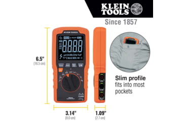 Image of Klein Tools TRMS Auto-Ranging Slim Digital Multimeter, 600V, Temp, Orange/Black, MM450