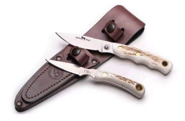 Image of Knives of Alaska Alpha Wolf / Cub Bear Combo Fixed Blade Knives, 3in / 2.75in, CPM MagnaCut Stainless Steel, Drop Point /Caping Blade, Stag, Brown And White Sculpted Bone Handle, 00373FG