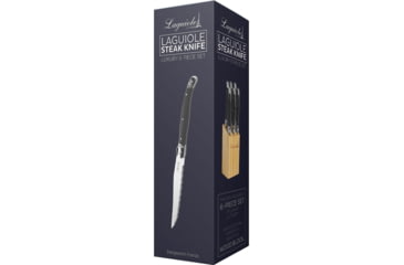 Image of Laguiole LA TOUR Luxury Steak Knife Set Kitchen Knives, Steak Knife Set, 9in Overall, 4.25in Mirror Serrated SS Blade, Black ABS Handle, SS Bolster, Storage Block, Set Of Six, KLB
