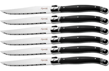 Image of Laguiole LA TOUR Luxury Steak Knife Set Kitchen Knives, Steak Knife Set, 9in Overall, 4.25in Mirror Serrated SS Blade, Black ABS Handle, SS Bolster, Storage Block, Set Of Six, KLB
