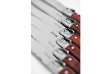 Image of Laguiole LA TOUR Premium Steak Knife Set Kitchen Knives, 9in Overall, 4.25in Mirror Serrated SS Blade, Brown Wood Handle, SS Bolster, Set Of Six, Black Wood Storage Case, KPWD