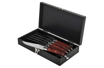 Image of Laguiole LA TOUR Premium Steak Knife Set Kitchen Knives, 9in Overall, 4.25in Mirror Serrated SS Blade, Brown Wood Handle, SS Bolster, Set Of Six, Black Wood Storage Case, KPWD