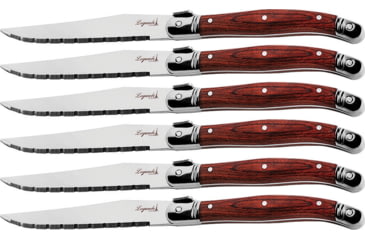 Image of Laguiole LA TOUR Premium Steak Knife Set Kitchen Knives, 9in Overall, 4.25in Mirror Serrated SS Blade, Brown Wood Handle, SS Bolster, Set Of Six, Black Wood Storage Case, KPWD