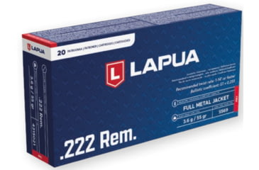 Image of Lapua .222 Remington 55 Grain FMJ Brass Cased Centerfire Rifle Ammo, 20 Rounds, 4315021
