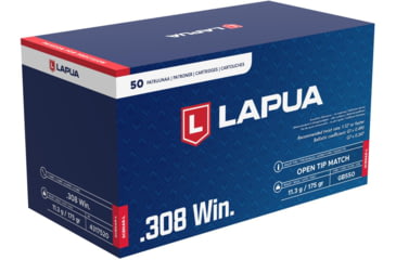 Image of Lapua Scenar-L .308 Winchester 175 grain Scenar-L Open Tip Match Brass Cased Centerfire Rifle Ammo, 50 Rounds, 4317520