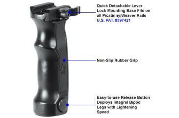 Image of Leapers UTG D Vertival Front Grip w/ Innovative Quick Release Deployable Bipod, Grip Ht 5.1- 8in Deployed MNT-DG01Q