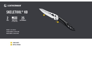 Image of Leatherman Skeletool KB Folding Knife w/ BottleClip, 2.6in, 420HC Stainless Steel Blade, Black Aluminum Handle, 832385