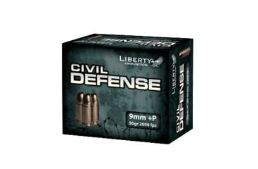 Image of Liberty Ammunition Civil Defense, 9mm Luger +P, 50 Grain, HP, Brass Case, Centerfire Pistol Ammo, 20 Rounds Box, LA-CD-9-014
