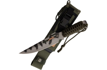 Image of Linton Cutlery Cord Wrapped Camo Knife w/ Sheath, 12.75in Overall, 7in Camo Clip Point Blade, OD Green Cord Wrapped Handle, Synthetic Sheath, L93048