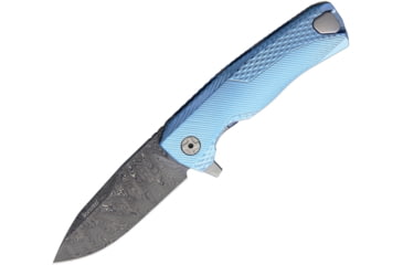 Image of Lionsteel ROK Tiium Flipper Blue Folding Knife, 3.25in Black Stonewash Damascus Steel Blade, Blue Sculpted Titanium Handle, ROK DD BL