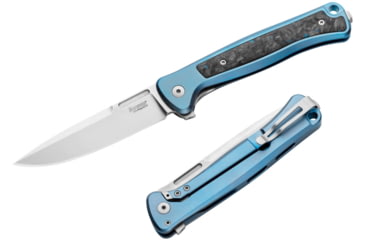 Image of Lionsteel Skinny Framelock Folding Knife by Michele Pensato, 4.5in Closed, 3.5in Stonewash CPM MagnaCut Stainless Blade, Blue Titanium Handle, SK01BL