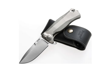Image of Lionsteel SR11 Framelock Tiium Folding Knife, 3.75in Satin Sleipner Tool Steel Drop Point, Gray Textured Titanium Handle, Glass Breaker, Pocket Clip, Black Leather Sheath, SR11 G