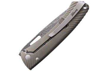 Image of Lionsteel TiSpine Framelock Matte Folding Knife, 3.25in Damascus Steel Blade, Bronze Matte Finish Titanium Handle, Thumb Pull, Pocket Clip, Packaged In A Plexiglass Tube, TS1DS BM