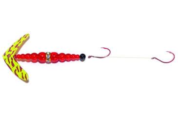 Image of Macks Lure Double Whammy Pro Spinner Rig, 2 Number 4 Hooks, 72in Leader, Chartreuse Red Tiger Smile Blade/Flo Ruby Bead, 17805