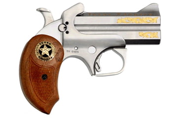 Image of Bond Arms Texas-Ranger Pistol, .45 Colt, 4.25 in barrel, stainless steel frame, wood medallion grip, 2-barrel, single-action, crossbolt safety, fixed, blade front, 2 round magazine, BA-TX-RGR-FRRMPG