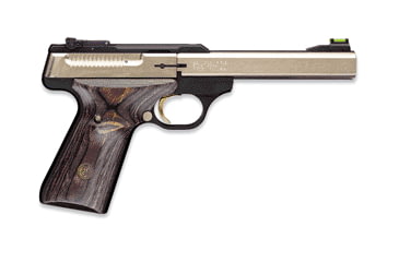 Image of Browning Buck-Mark-Plus-Nickel Pistol, .22 Long Rifle, 5.5 in barrel, matte blue aluminum frame, laminated rosewood grip, blowback operated semi-auto, single-action, fiber-optic front, adj. target rear, 10 round magazine, BBM-PLUS-NKL-FRRMPG