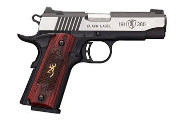 Image of Browning 1911-380-Black-Label-Pro Pistol, .380 ACP, 3.625 in barrel, black polymer frame, checkered rosewood w/logo grip, locked breech semi-automatic, single-action, fixed blade and notch, 8 round magazine, BG1911380BLLBPRO-FRRMPG