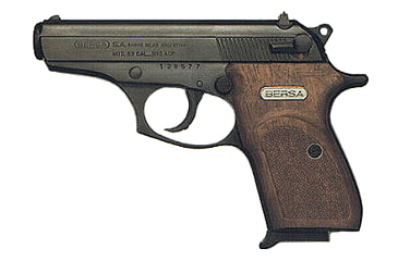 Image of Bersa 83 Pistol, .380 ACP, 3.5 in barrel, blued carbon steel frame, walnut grip, blowback operated semi-auto, double-action, slide mounted decock/hammer block, low profile blade and notch, 7 round magazine, BRSA-83-FRRMPG