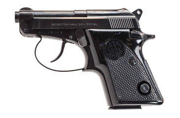 Image of Beretta 20 Pistol, .25 Auto, 2.36 in barrel, aluminum alloy frame, black checkered plastic grip, blowback operated semi-auto, double-action, frame mounted thumb safety, fixed blade and notch, 8 round magazine, BT-20-FRRMPG