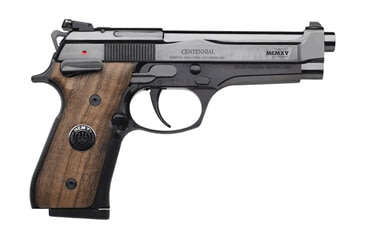 Image of Beretta 92-Centennial Pistol, 9mm Luger, 4.9 in barrel, polished blue steel frame, smooth wood w/medallion grip, recoil operated semi-automatic, single-action, frame mounted ambi safety, adjustable, 15 round magazine, BT-92-CENTENNIAL-FRRMPG